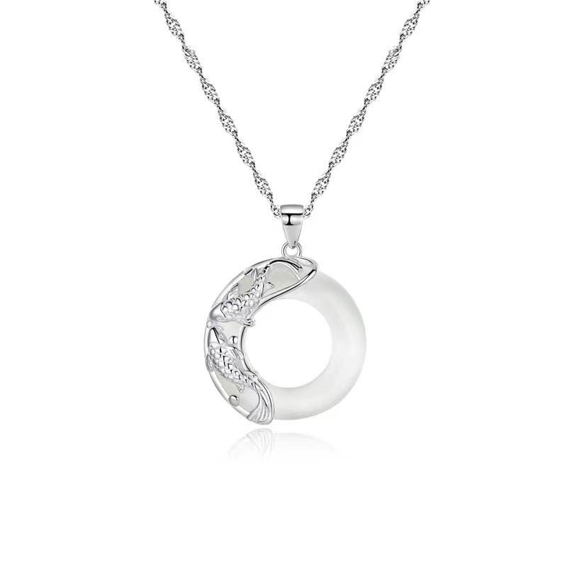 Buddha Stones Wishing Luck and Prosperity White Jade Koi Fish Necklace Includes Gift Message Card