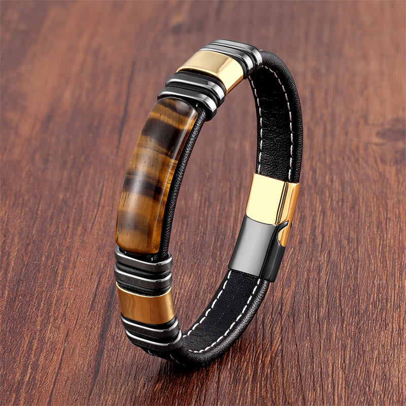 Buddha Stones Wishing You Courage and Focus Tiger Eye Leather Bracelet Includes Gift Message Card