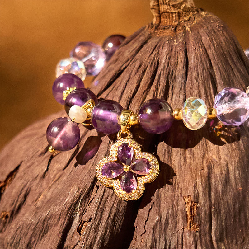 Buddha Stones All the best for Calm and Wisdom Amethyst Flower Bracelet Includes Gift Message Card