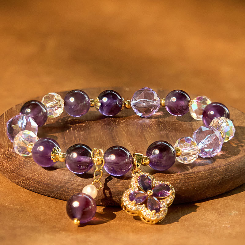 Buddha Stones All the best for Calm and Wisdom Amethyst Flower Bracelet Includes Gift Message Card