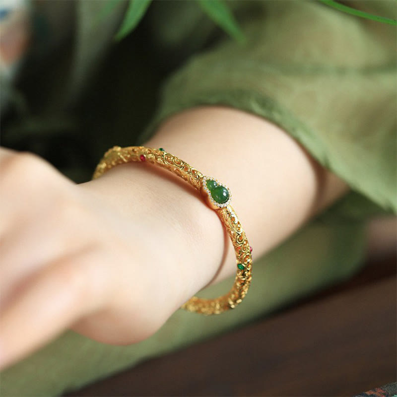 Buddha Stones Sending Health and Good Fortune Cyan Jade Copper Bangle Includes Gift Message Card