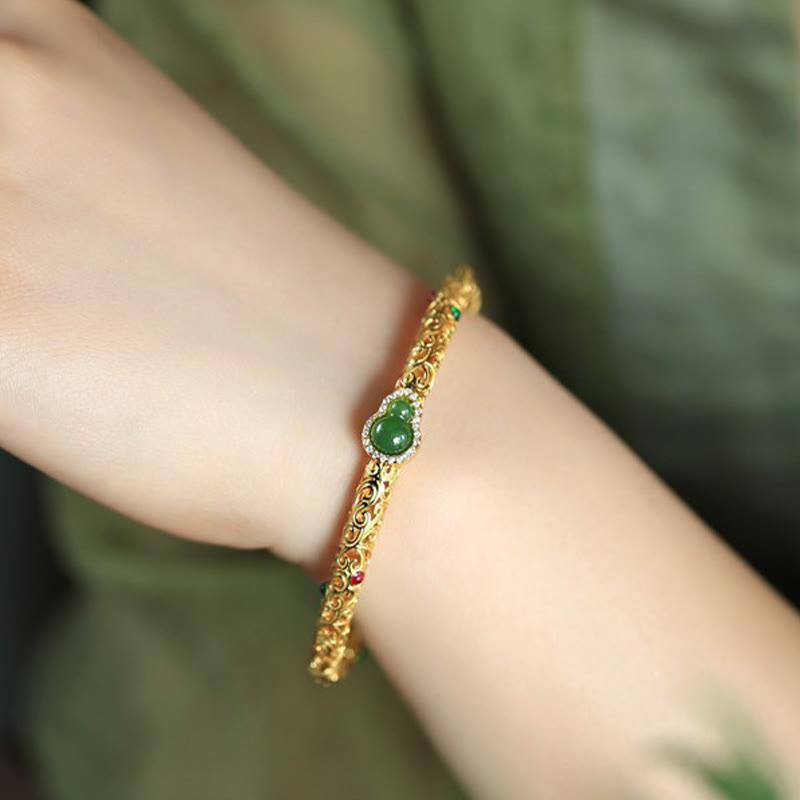 Buddha Stones Sending Health and Good Fortune Cyan Jade Copper Bangle Includes Gift Message Card