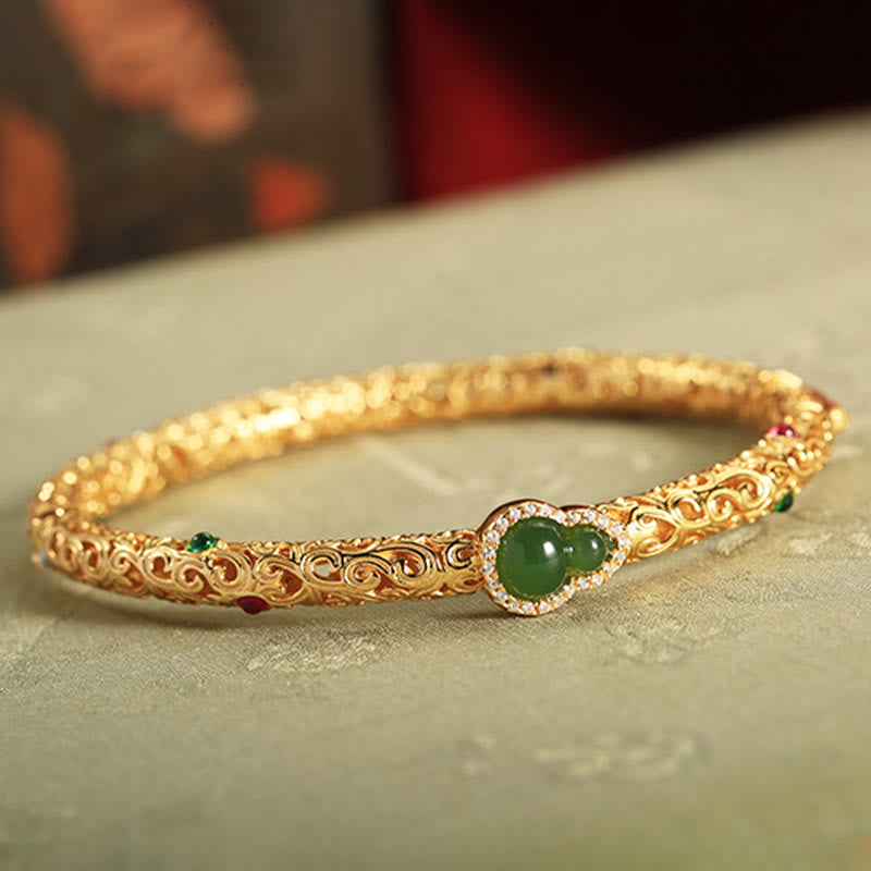 Buddha Stones Sending Health and Good Fortune Cyan Jade Copper Bangle Includes Gift Message Card