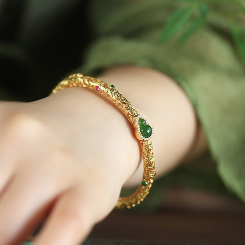 Buddha Stones Sending Health and Good Fortune Cyan Jade Copper Bangle Includes Gift Message Card