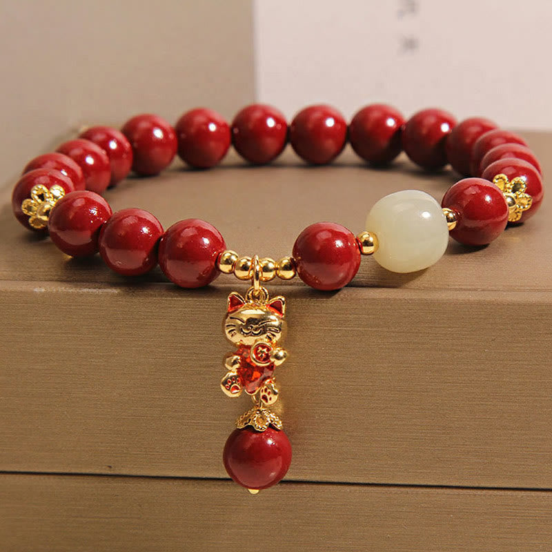 Buddha Stones Wishing You Good Fortune and Joy Cat Cinnabar Bracelet Includes Gift Message Card