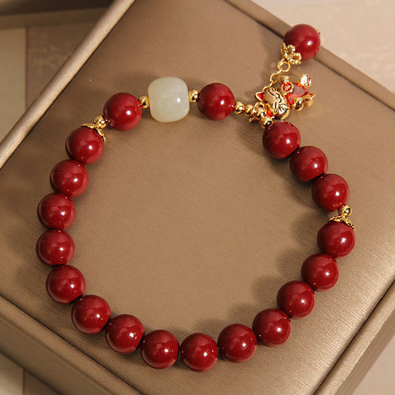 Buddha Stones Wishing You Good Fortune and Joy Cat Cinnabar Bracelet Includes Gift Message Card