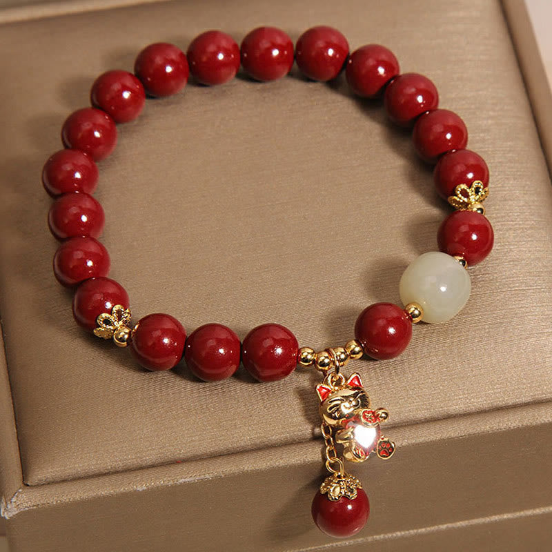 Buddha Stones Wishing You Good Fortune and Joy Cat Cinnabar Bracelet Includes Gift Message Card