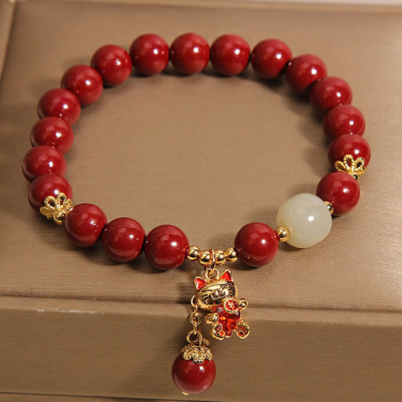 Buddha Stones Wishing You Good Fortune and Joy Cat Cinnabar Bracelet Includes Gift Message Card
