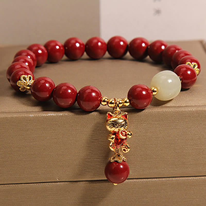 Buddha Stones Wishing You Good Fortune and Joy Cat Cinnabar Bracelet Includes Gift Message Card