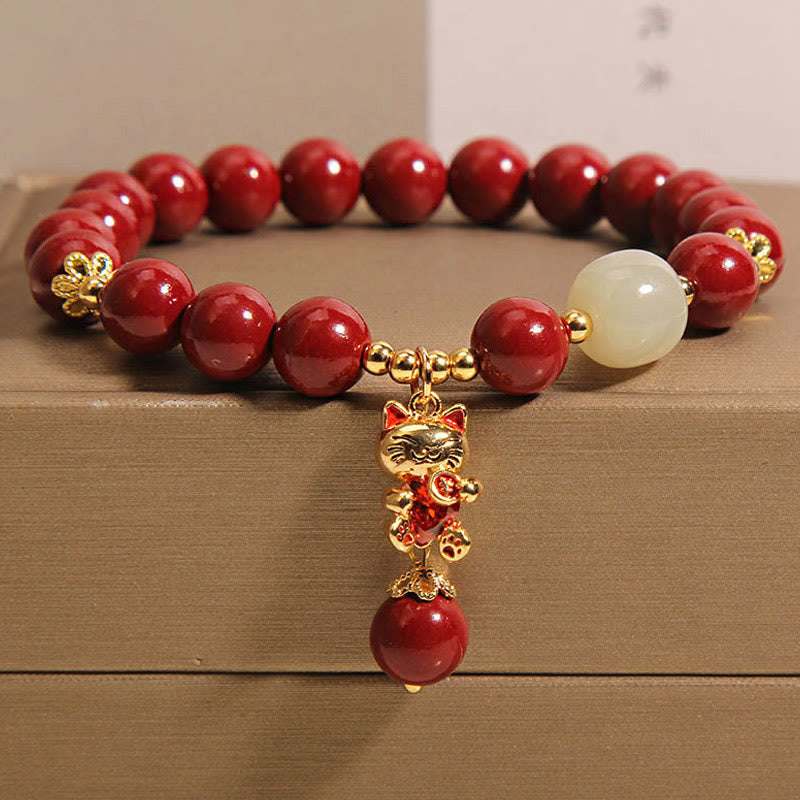 Buddha Stones Wishing You Good Fortune and Joy Cat Cinnabar Bracelet Includes Gift Message Card