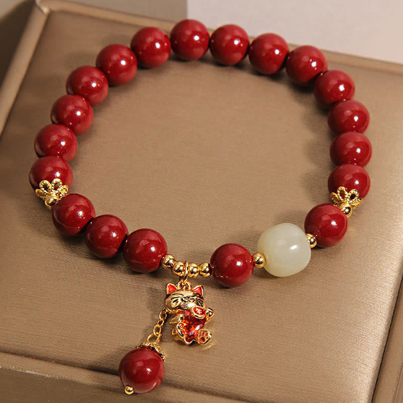 Buddha Stones Wishing You Good Fortune and Joy Cat Cinnabar Bracelet Includes Gift Message Card