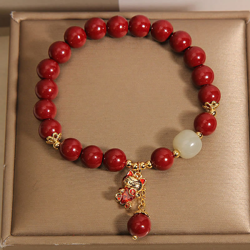 Buddha Stones Wishing You Good Fortune and Joy Cat Cinnabar Bracelet Includes Gift Message Card