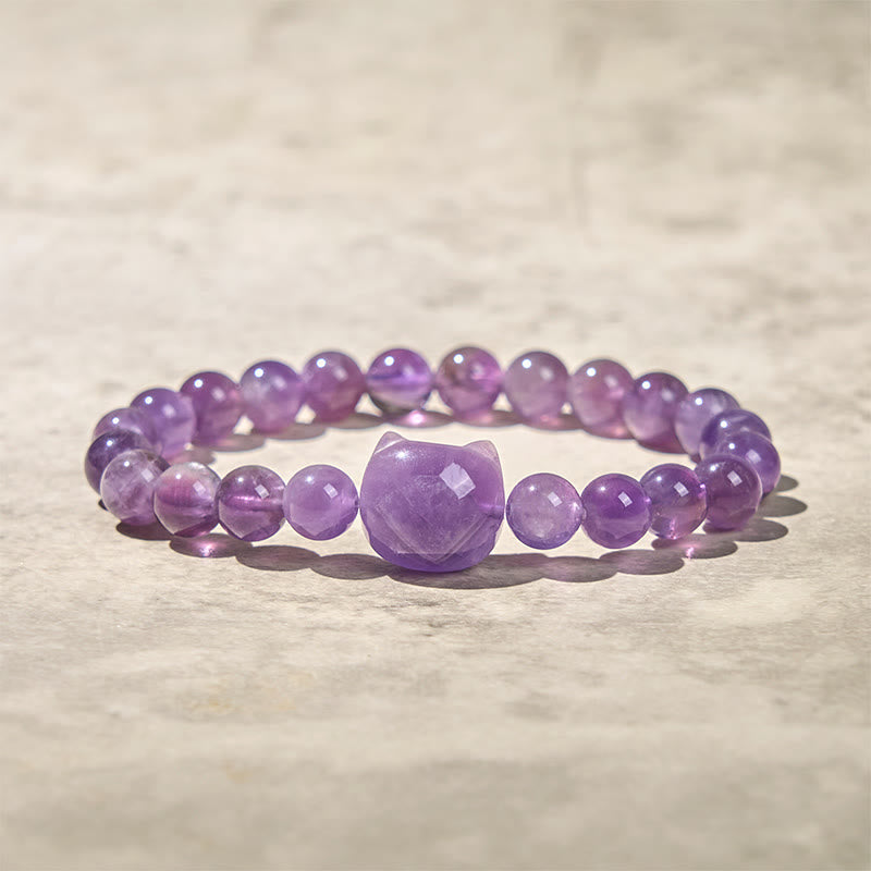 Buddha Stones Wishing You Clarity and Calm Cute Cat Amethyst Bracelet Includes Gift Message Card