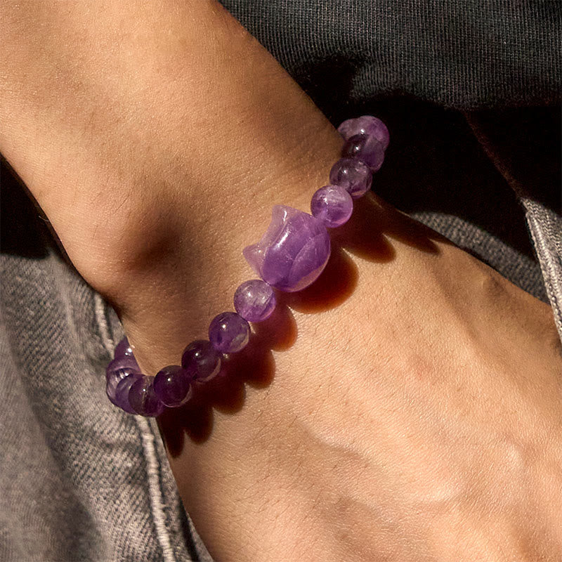 Buddha Stones Wishing You Clarity and Calm Cute Cat Amethyst Bracelet Includes Gift Message Card
