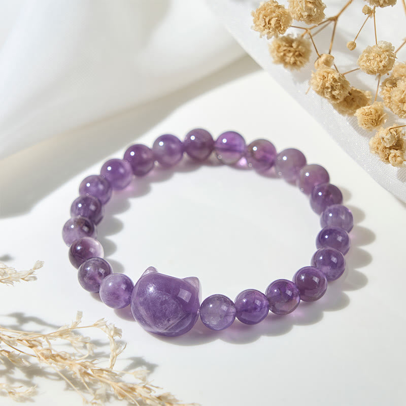 Buddha Stones Wishing You Clarity and Calm Cute Cat Amethyst Bracelet Includes Gift Message Card