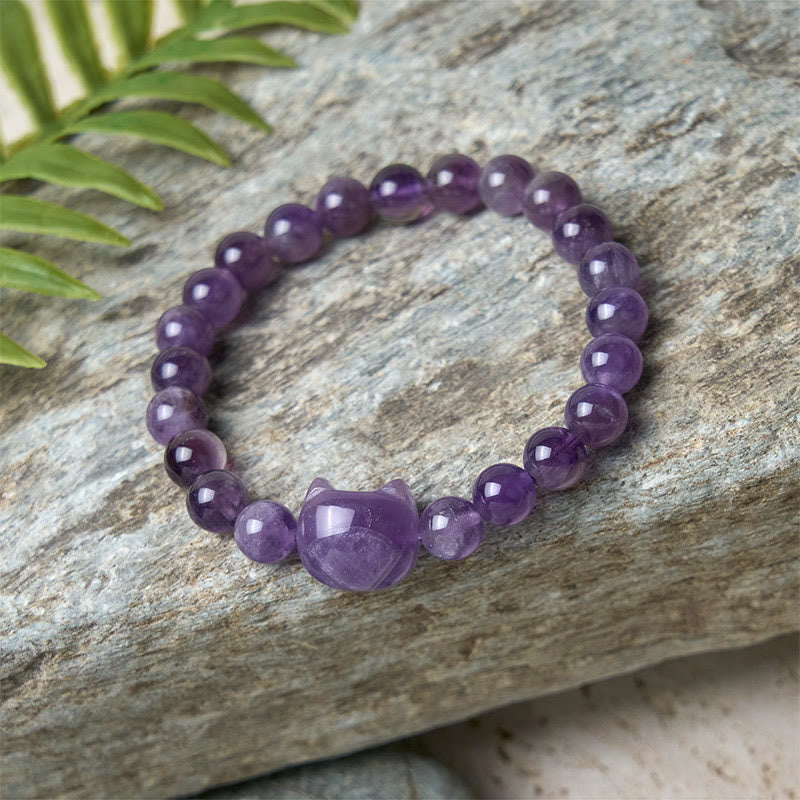 Buddha Stones Wishing You Clarity and Calm Cute Cat Amethyst Bracelet Includes Gift Message Card