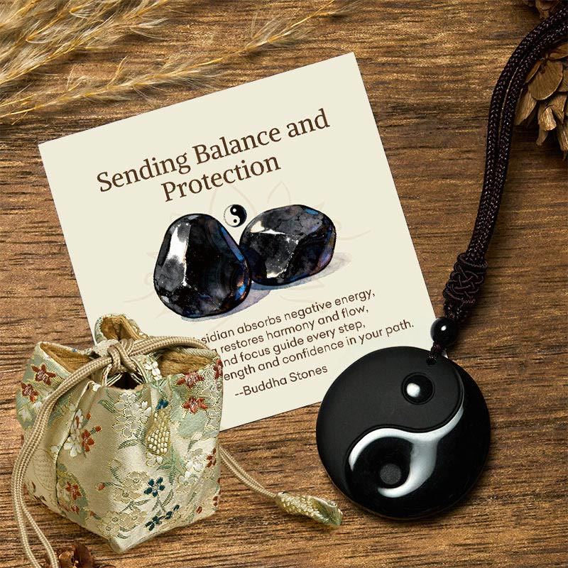Buddha Stones Sending Balance and Protection Obsidian Yin Yang Necklace Includes Gift Message Card