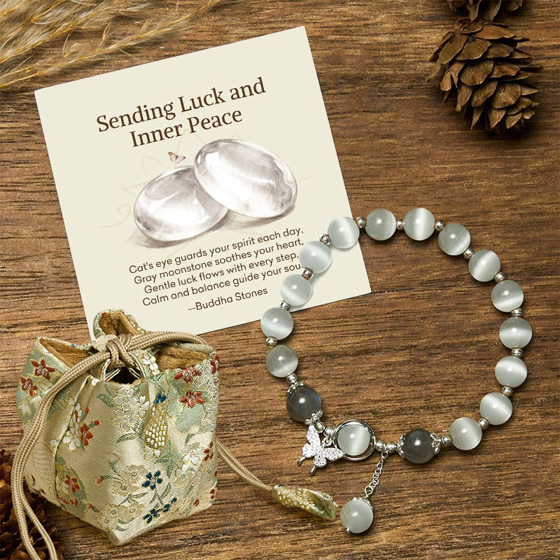 Buddha Stones Sending Luck and Inner Peace Cat's Eye Butterfly Bracelet Includes Gift Message Card