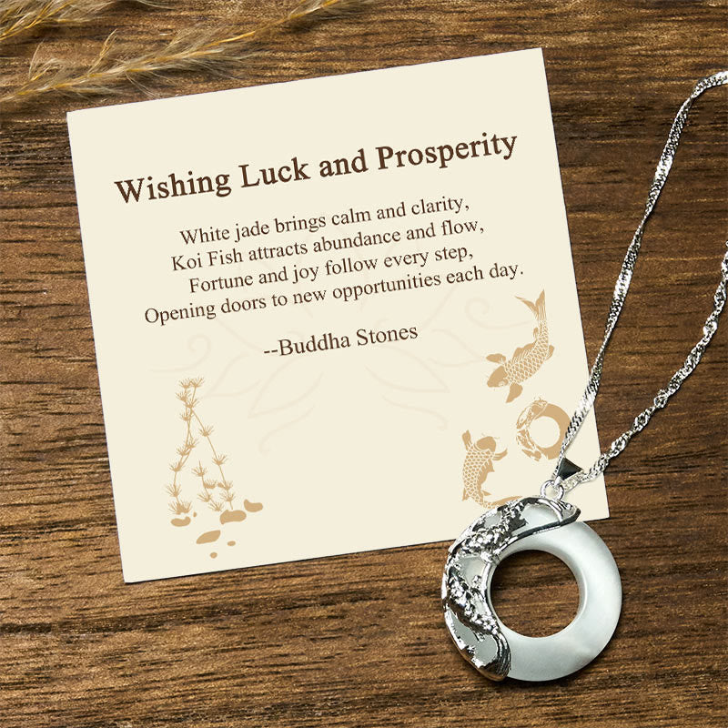 Buddha Stones Wishing Luck and Prosperity White Jade Koi Fish Necklace Includes Gift Message Card
