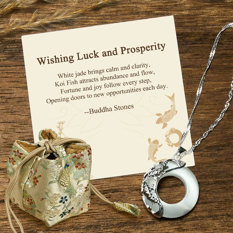 Buddha Stones Wishing Luck and Prosperity White Jade Koi Fish Necklace Includes Gift Message Card