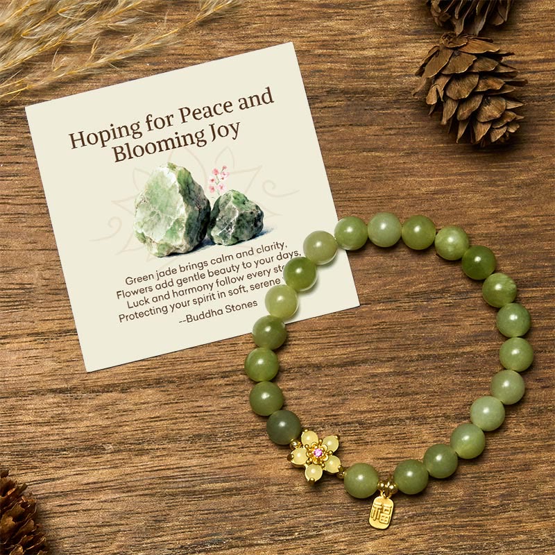Buddha Stones Hoping for Peace and Blooming Joy Green Jade Bracelet Includes Gift Message Card