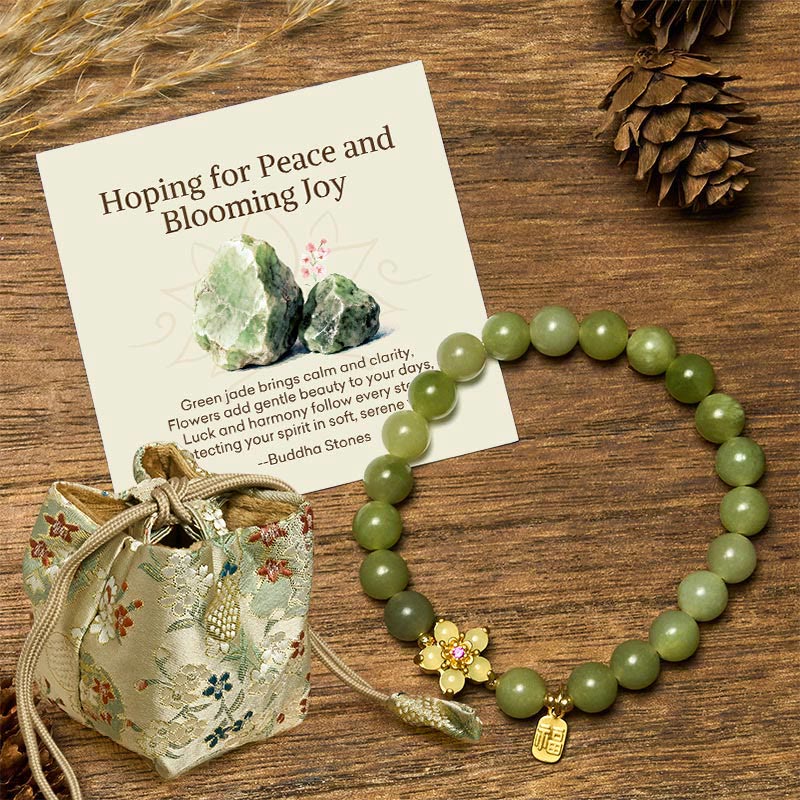 Buddha Stones Hoping for Peace and Blooming Joy Green Jade Bracelet Includes Gift Message Card