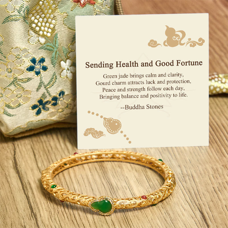 Buddha Stones Sending Health and Good Fortune Cyan Jade Copper Bangle Includes Gift Message Card