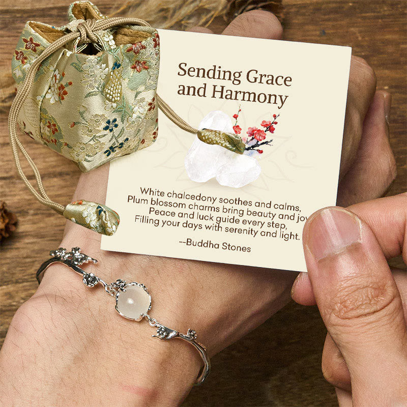 Buddha Stones Sending Grace and HarmonyPlum Blossom Chalcedony Bracelet Includes Gift Message Card