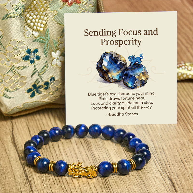Buddha Stones Sending Focus and Prosperity Tiger Eye Pixiu Bracelet Includes Gift Message Card
