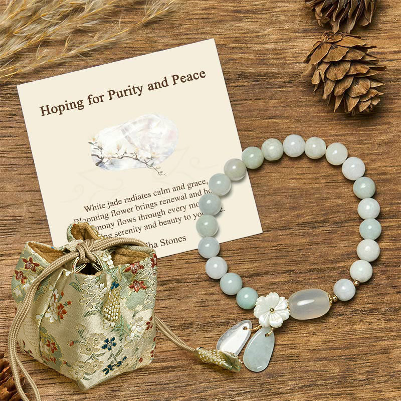 Buddha Stones Hoping for Purity and PeaceNatural White Jade Bracelet Includes Gift Message Card