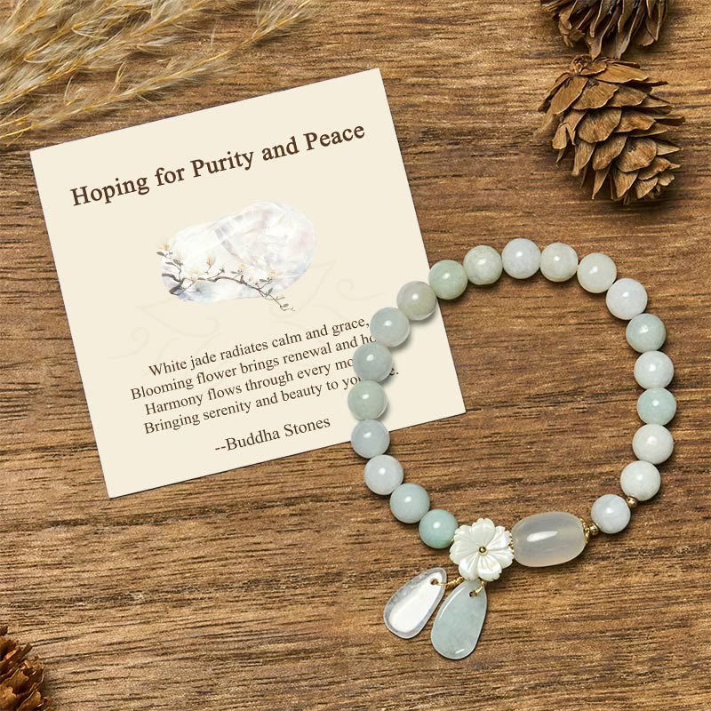 Buddha Stones Hoping for Purity and PeaceNatural White Jade Bracelet Includes Gift Message Card