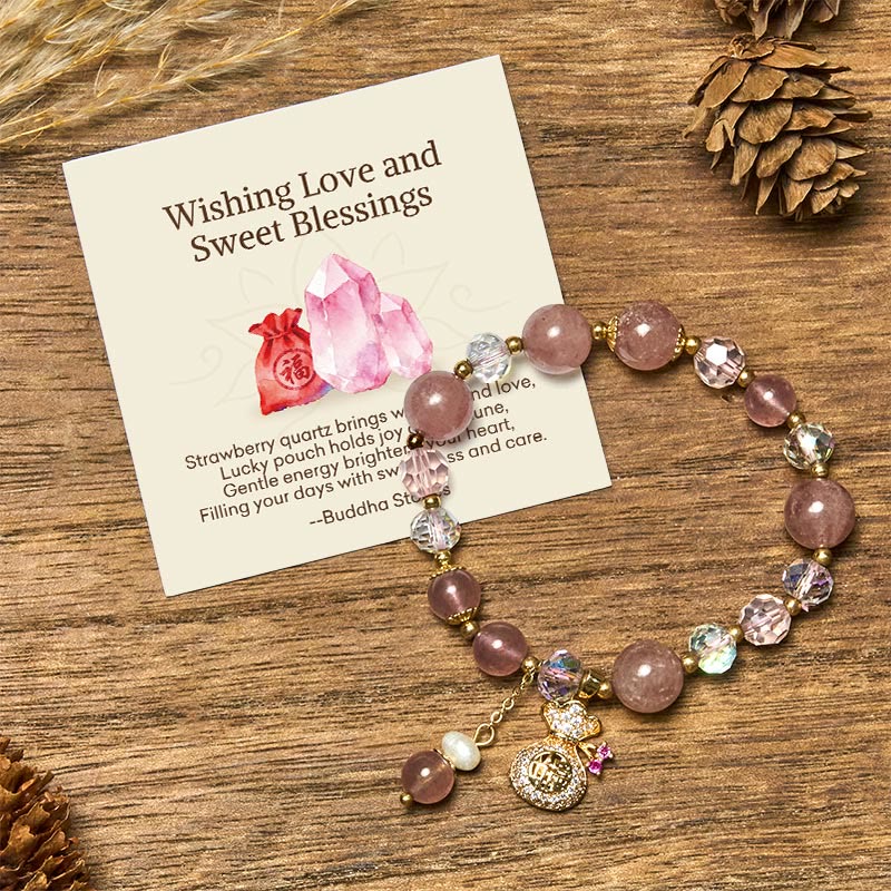 Buddha Stones Wishing Love and Sweet BlessingsStrawberry Quartz Bracelet Includes Gift Message Card