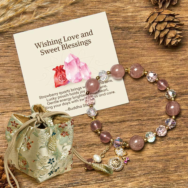 Buddha Stones Wishing Love and Sweet BlessingsStrawberry Quartz Bracelet Includes Gift Message Card