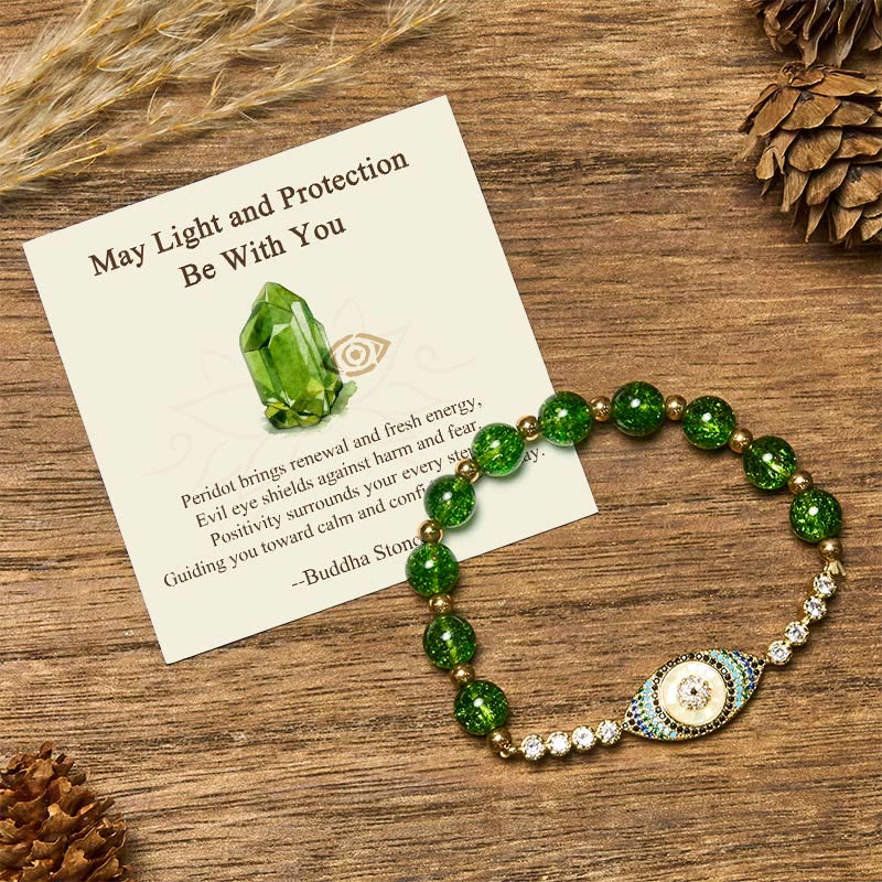Buddha Stones May Light and Protection Be With You Peridot Bracelet Includes Gift Message Card