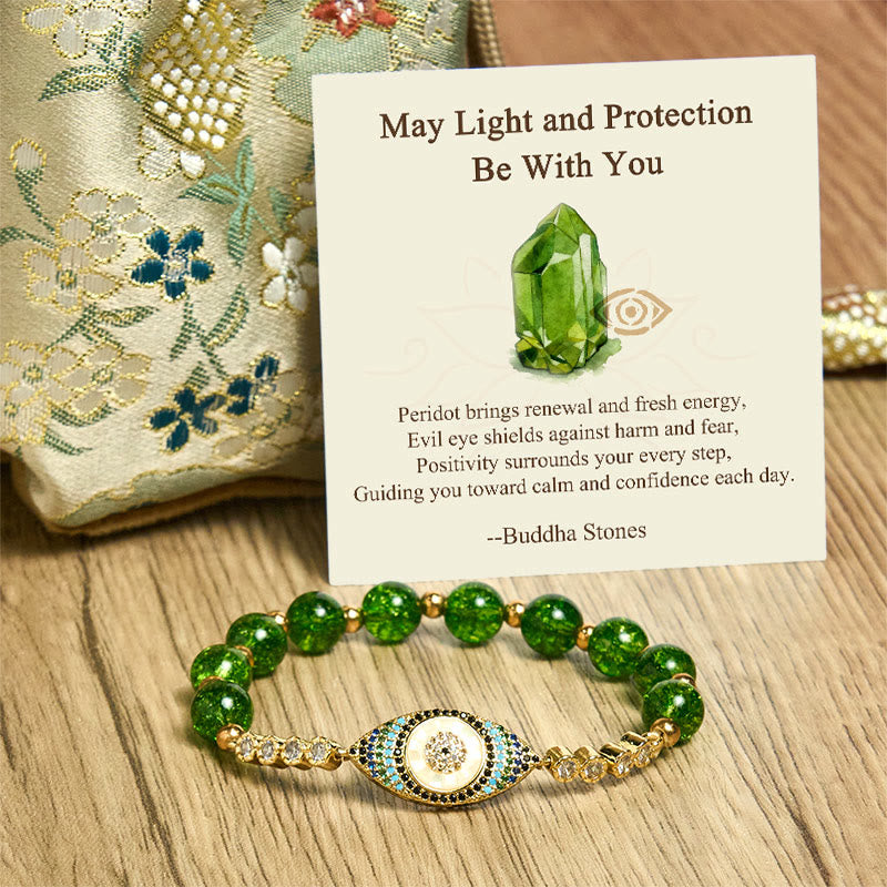 Buddha Stones May Light and Protection Be With You Peridot Bracelet Includes Gift Message Card