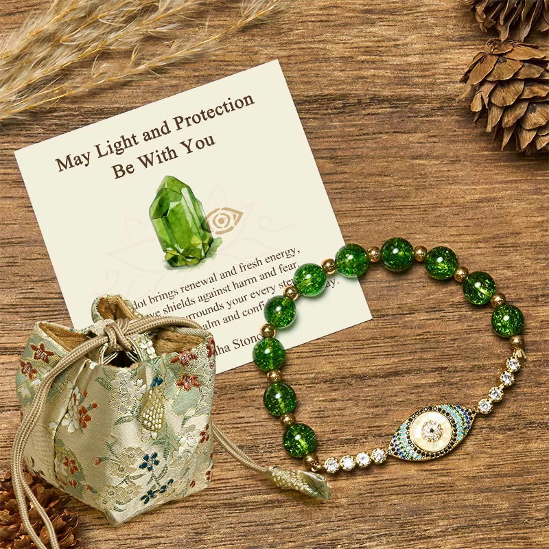 Buddha Stones May Light and Protection Be With You Peridot Bracelet Includes Gift Message Card