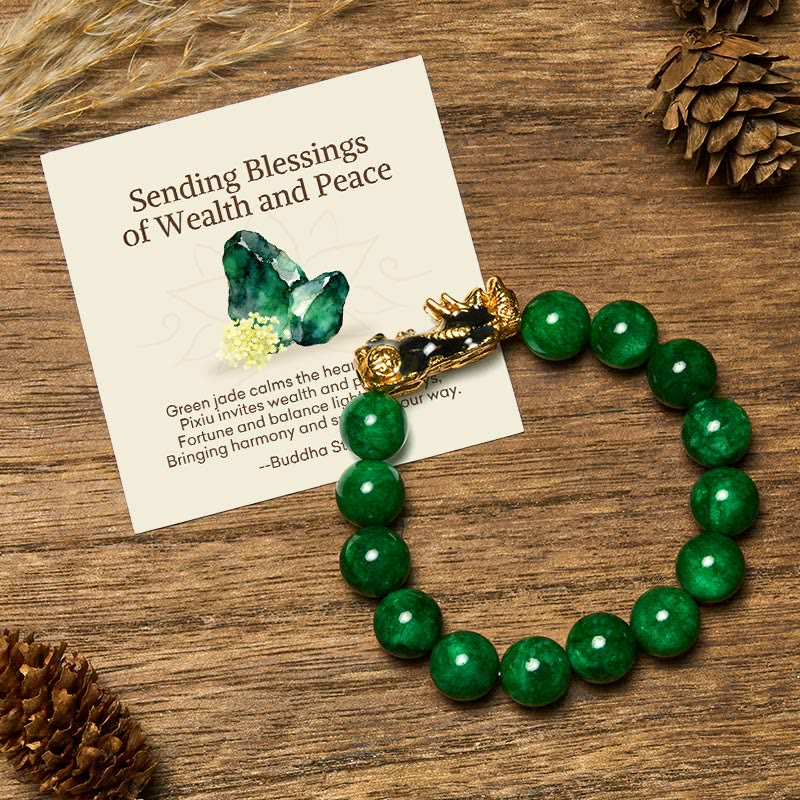 Buddha Stones Sending Blessings of Wealth and Peace PiXiu Jade Bracelet Includes Gift Message Card