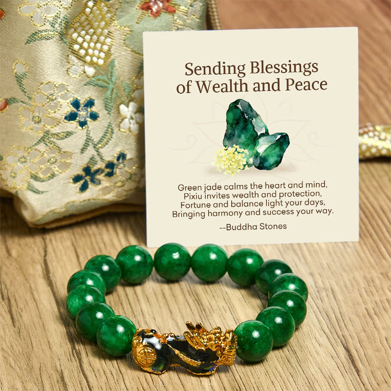 Buddha Stones Sending Blessings of Wealth and Peace PiXiu Jade Bracelet Includes Gift Message Card