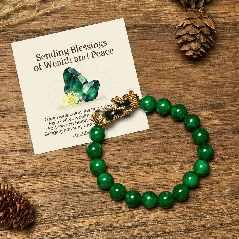 Buddha Stones Sending Blessings of Wealth and Peace PiXiu Jade Bracelet Includes Gift Message Card