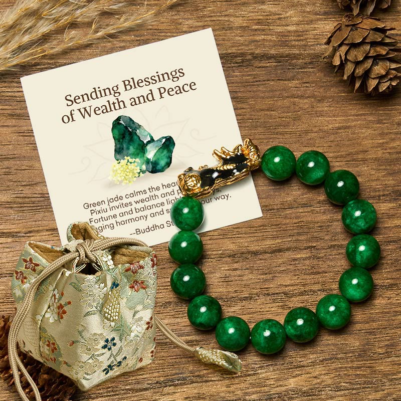 Buddha Stones Sending Blessings of Wealth and Peace PiXiu Jade Bracelet Includes Gift Message Card