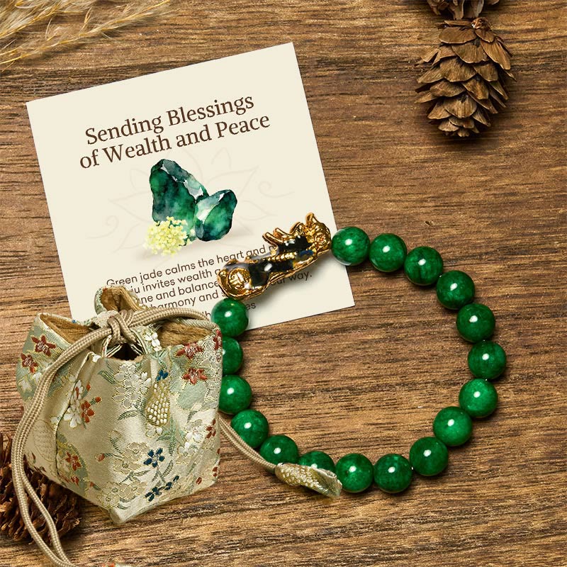 Buddha Stones Sending Blessings of Wealth and Peace PiXiu Jade Bracelet Includes Gift Message Card
