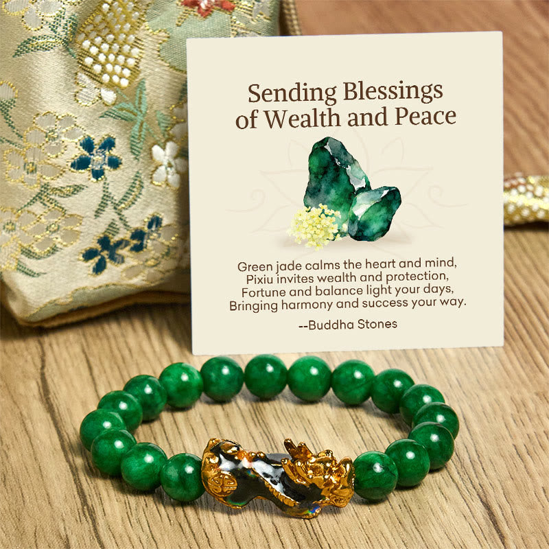 Buddha Stones Sending Blessings of Wealth and Peace PiXiu Jade Bracelet Includes Gift Message Card