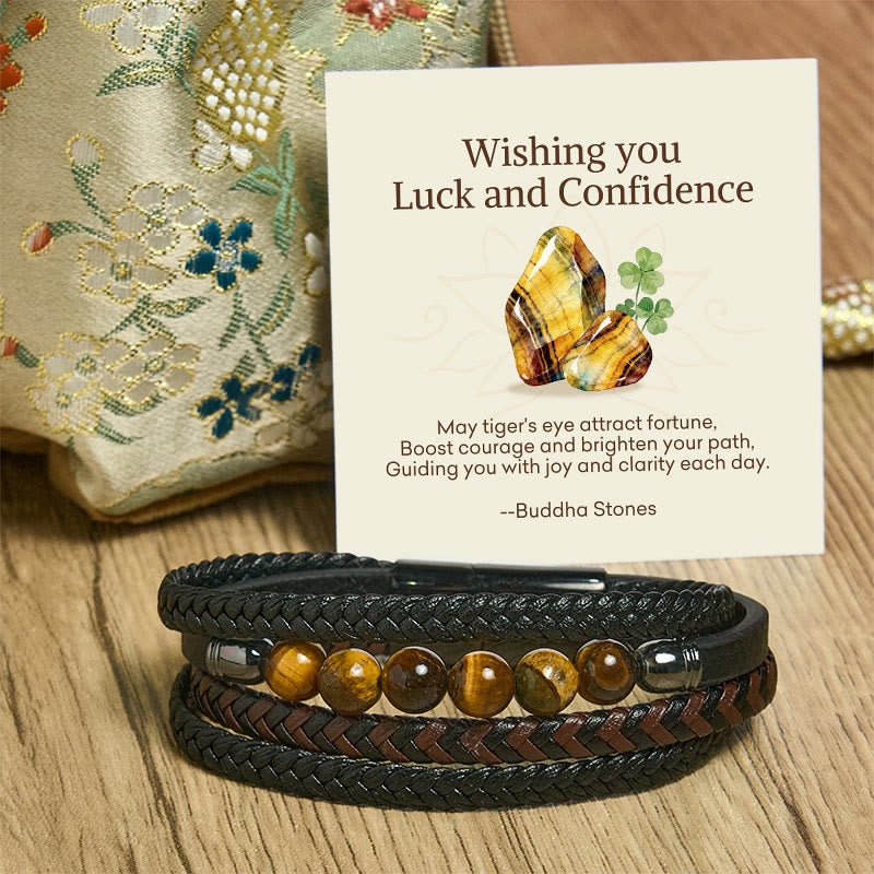 Buddha Stones Wishing You Luck and Confidence Tiger Eye Leather Includes Gift Message Card