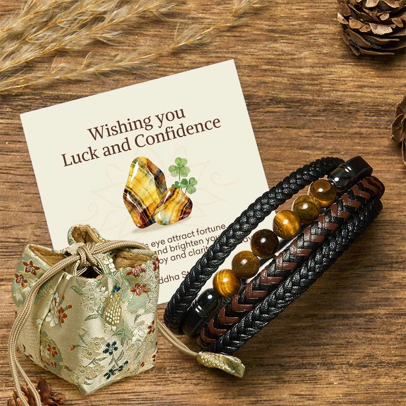 Buddha Stones Wishing You Luck and Confidence Tiger Eye Leather Includes Gift Message Card