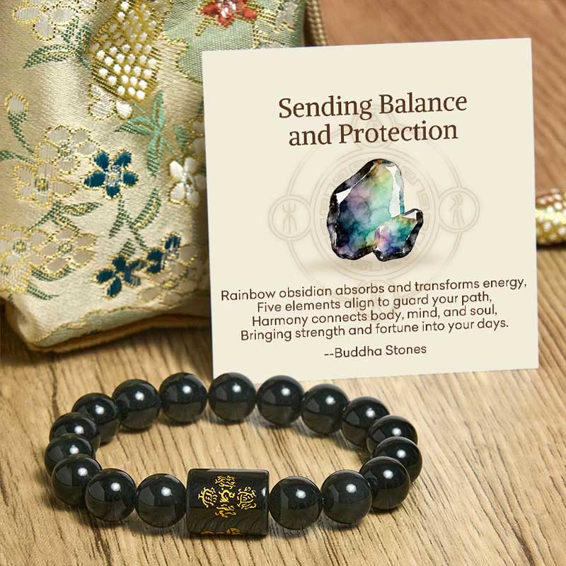Buddha Stones Sending Balance and Protection Rainbow Obsidian Bracelet Includes Gift Message Card