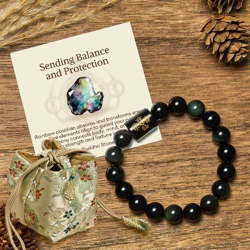 Buddha Stones Sending Balance and Protection Rainbow Obsidian Bracelet Includes Gift Message Card