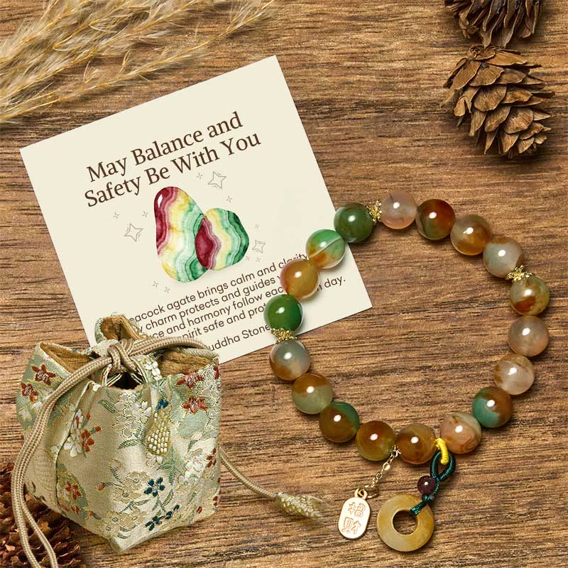 Buddha Stones May Balance and Safety Be With YouPeacock Agate Bracelet Includes Gift Message Card