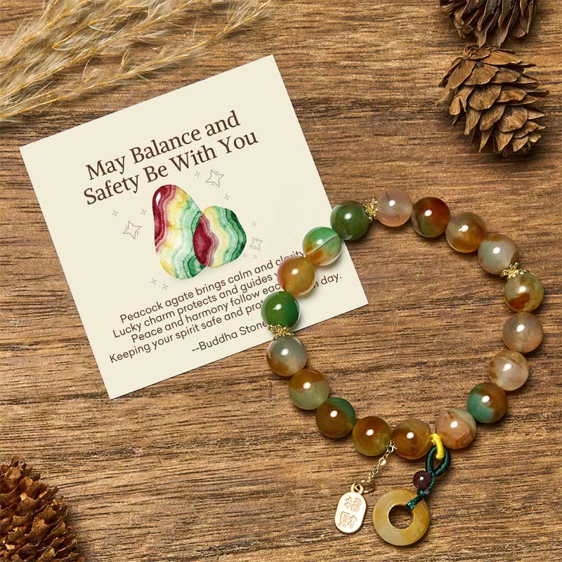 Buddha Stones May Balance and Safety Be With YouPeacock Agate Bracelet Includes Gift Message Card