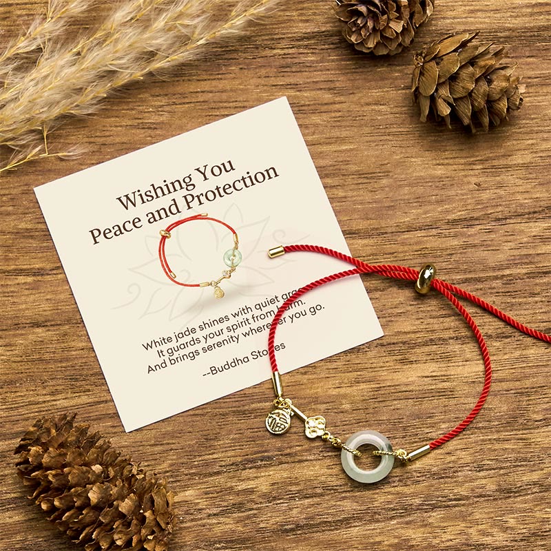 Buddha Stones Wishing You Peace and Protection Jade Red Rope Bracelet Includes Gift Message Card