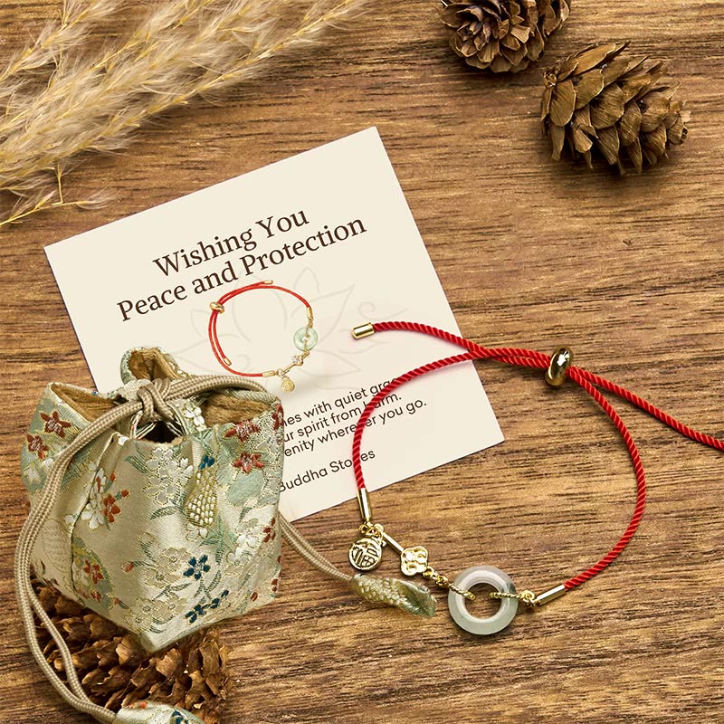 Buddha Stones Wishing You Peace and Protection Jade Red Rope Bracelet Includes Gift Message Card